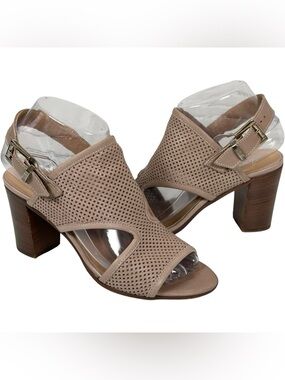 Avellini Taupe Leather Perforated Open Toe Block Heel Buckle Strap Sandals 36